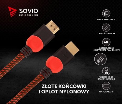 Savio Kabel HDMI 2.0 dedykowany do PC czerwono-czarny 3 m, GCL-04