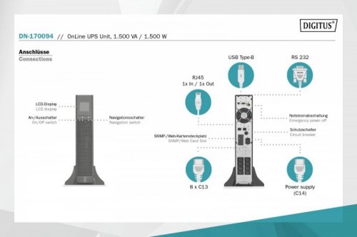 Digitus Zasilacz awaryjny UPS Online Rack 19 cali LCD, 1500VA/1500W, 3x12V/9Ah, 8xC13, USB, RS232, RJ45