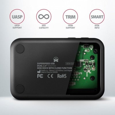 AXAGON MINI stacja dokująca ADSA-D25, USB 3.2 Gen 1 - 2x SATA 6G 2.5 cali SSD/HDD CLONE