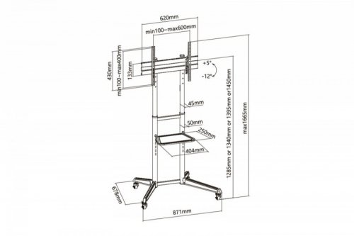 Digitus Stojak mobilny pojedynczy z półką 1xLCD max. 70 cali max. 50kg, VESA max. 600x400