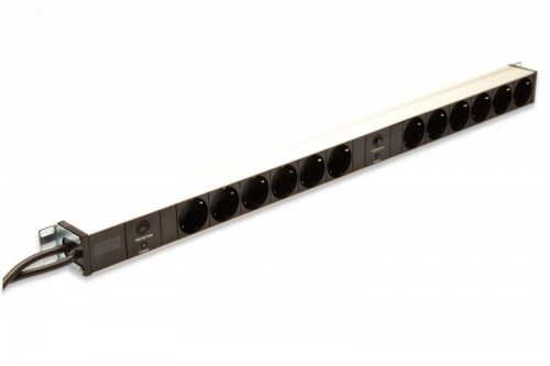 Digitus Listwa zasilająca PDU 19 cali RACK, 12x gniazdo Schuko, 2x 2m wtyk Unischuko, 16A, zabezpieczenie przeciążeniowe, profil aluminiowy