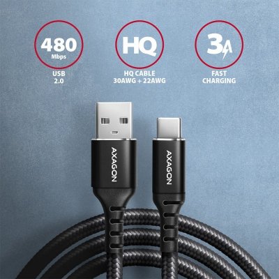 AXAGON BUCM-AM15AB Kabel USB-C   USB-A, 1.5m, USB 2.0, 3A, ALU, oplot, Czarny