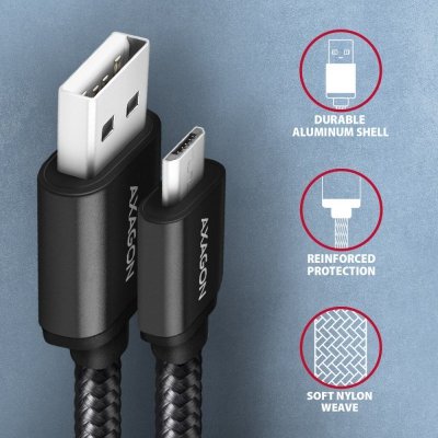 AXAGON Kabel BUMM-AM15AB Micro USB  USB-A, 1.5m, USB 2.0, 2.4A, ALU, oplot, Czarny
