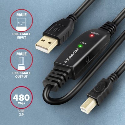 AXAGON ADR-220B USB 2.0 A-M -&gt; B-M aktywny kabel połączeniowy/wzmacniacz 20m