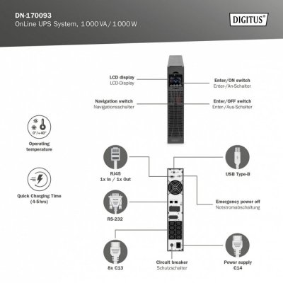 Digitus Zasilacz awaryjny UPS Online Rack 19 cali LCD, 1000VA/1000W, 2x12V/9Ah, 8xC13, USB, RS232, RJ45