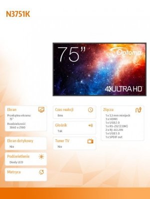 Monitor interaktywny 75 cali OPTOMA IFPD N3751K H1F2C0GBW101