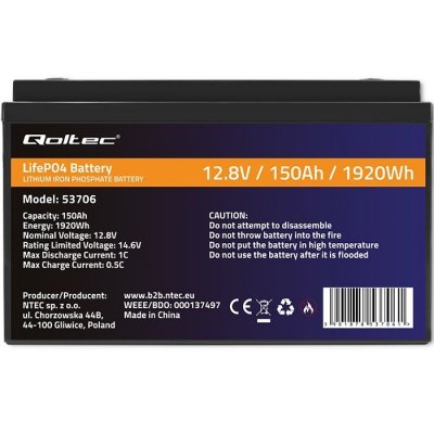 Qoltec Akumulator LiFePO4 Litowo-Żelazowo-Fosforanowy | 12.8V | 150Ah | 1920Wh | BMS