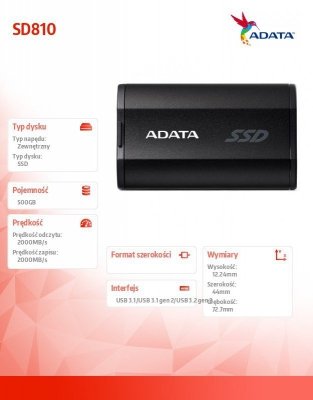 Adata Dysk SSD External SD810 500GB USB3.2 20Gb/s Black