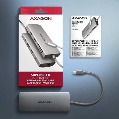 AXAGON Hub HMC-8HLSA USB-C 3.2 Gen 1 hub, 3x USB-A + 4K/30Hz HDMI + SD/mic roSD, GLAN, Audio, PD 100W, 20cm USB-C kabel