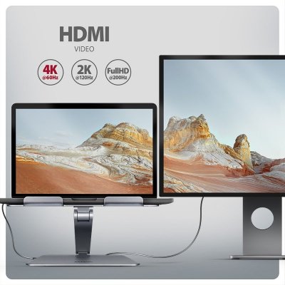 AXAGON HMC-STND Stojak z wieloportowy hub Aluminiowy 7in1, 5Gbps, do 10 cali-16 cali cali laptopów, nastawny, 3x USB-A, HDMI 4K/60Hz, GLAN, PD 100W, 60cm USB-C kabel