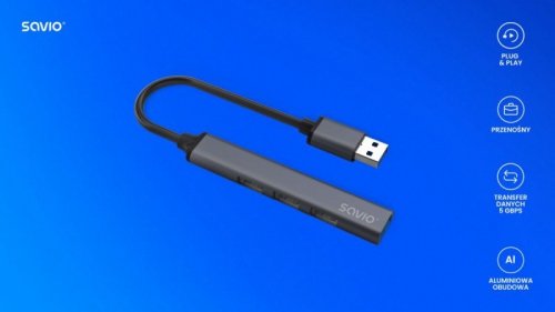 Savio Hub 4 porty USB-A - 3 x USB-A 2.0, 1 x USB-A 3.0, 5 Gbps, Aluminium, AK-70