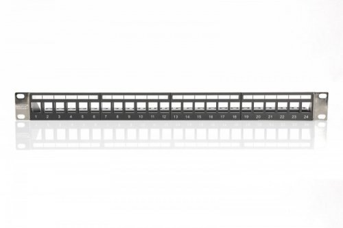 Digitus Panel krosowy (patch panel) modularny 19 cali 24 porty pod moduły keystone, 1U, ekranowany, prowadnica kabli, wymienne pola opisowe Czarny