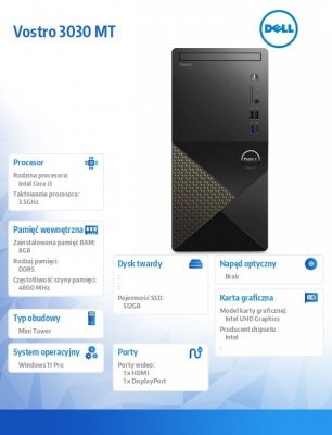 Dell Komputer Vostro 3030MT Win11Pro i3-14100/8GB/512GB SSD/Intel UHD 730/WLAN+BT/KB/Mouse/3Y PS