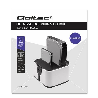 Qoltec Stacja dokująca do dysków HDD SSD 2.5 cali 3.5 cali | SATA III | USB 3.0 | Super speed 5Gb/s | z funkcją klonowania offline