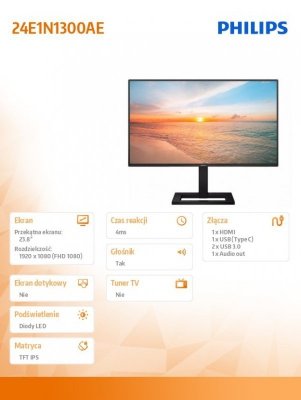 Philips Monitor komputerowy 24E1N1300AE 23.8 cala IPS 100Hz HDMI USB-C HAS Głośniki