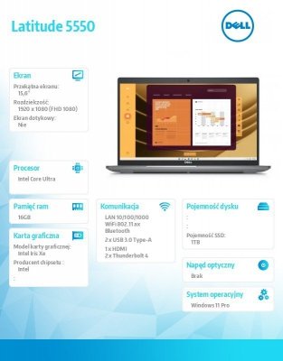 Dell Notebook Latitude 5550 Win11Pro Ultra 7 165U/16GB/1TB SSD Gen4/15.6 FHD/Integrated/FgrPr&SmtCd/FHD/IR Cam/Mic/WLAN+BT/Backlit Kb/3C/vPro/3YPS