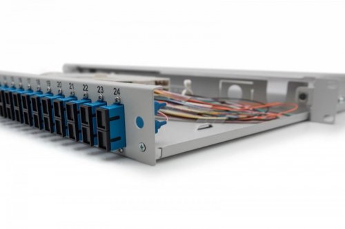 Digitus Przełącznica światłowodowa/panel krosowy z wyposażeniem 19 cali 1U, 24x SC duplex, OS2, pigtaile, adaptery, tacki, wysuwany, Szary