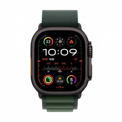 Apple Watch Ultra 2 GPS + Cellular, koperta 49 mm z tytanu w kolorze czarnym z opaską Alpine M w kolorze ciemnozielonym