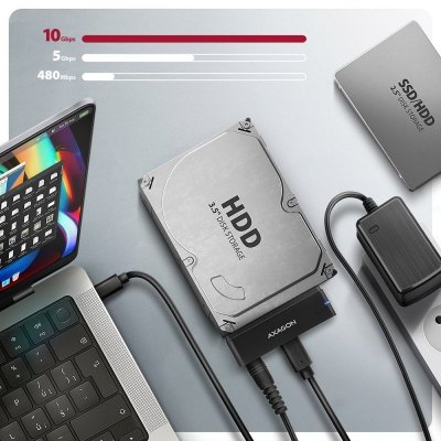 AXAGON ADSA-FPX Adapter USB-C 10Gbps SATA 6G 2.5 cali/3.5 cali SSD/HDD FASTPORT X, w tym zasilacz, 60cm USB-C/USB-A kabel