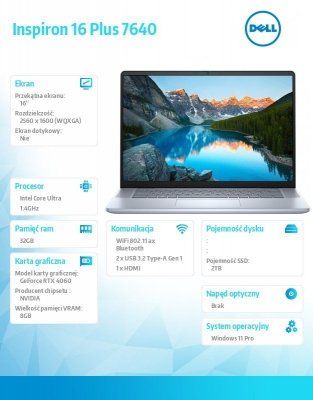 Dell Notebook Inspiron Plus 7640 Win11Pro Ultra 7 155H/32GB/2TB SSD/16.0 2,5K 2560x1600/RTX 4060/FgrPr/FHD Cam/Mic /Backlit Kb/90 Wh/3Y Basic