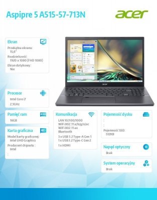 Acer Notebook Aspire 5 A515-57-713N i7-12650H 15.6 cali FHD 16GB 512GB NoOS szary