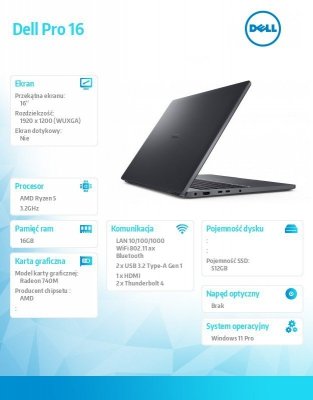 Dell Laptop Dell Pro 16 PC16255/AMD Ryzen 5 220/16GB/512GB SSD/16.0 cali FHD+
