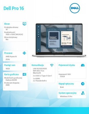 Dell Laptop Dell Pro 16 PC16255/AMD Ryzen AI 7 PRO 350/16GB/512GB SSD/16.0 cali FHD+