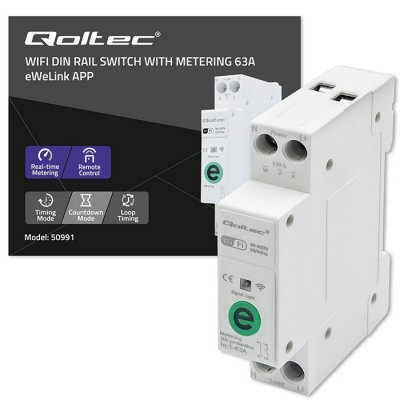 Qoltec Przekaźnik 63A na szynę DIN z licznikiem energii elektrycznej |  eWeLink od Sonoff | Wi-Fi | Dioda LED