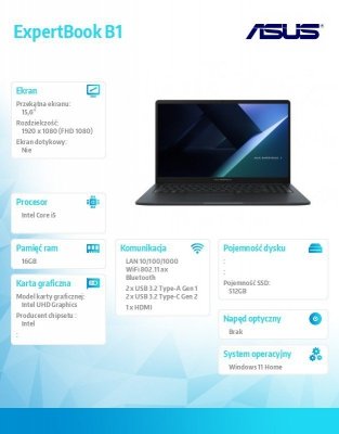 Asus Notebook ExpertBook B1 B1503CVA-S72273W - i5-1334U/16GB/1TB/15.6 FHD/Win 11 HOME /3YRS