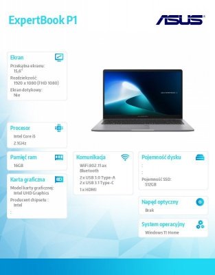 Asus Notebook ExpertBook P1503CVA-S70860W i5-13420H/15.6 cali FHD/16GB/512GB/ Win 11 HOME/3YRS