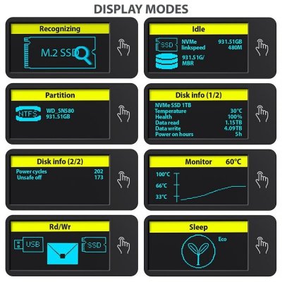 AXAGON EEM2-SD2 Obudowa zewnętrzna aluminiowa bezśrubowa USB-A/C 3.2 Gen2 M.2 NVMe/SATA display LCD
