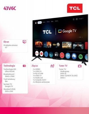 TCL Telewizor LED 43 cale 43V6C