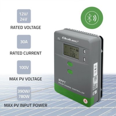 Qoltec Solarny regulator ładowania MPPT z czujnikiem temperatury 30A |  12V/24V | LCD | 2xUSB | Bluetooth | APP | GEL | LiFePO4