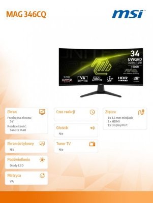 MSI Monitor MAG 346CQ 34 cale/LED/UWQHD/Curved/180Hz/czarny