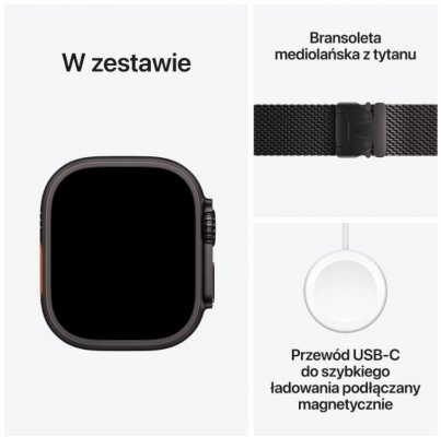 Apple Watch Ultra 3 GPS + Cellular, koperta 49 mm z tytanu w kolorze czarnym, bransoleta mediolańska z tytanu w kolorze czarnym - rozmiar S