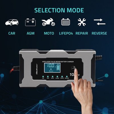 Qoltec Mikroprocesorowa ładowarka 12V 10A | Prostownik z funkcją naprawy do akumulatora AGM GEL LiFePO4 | LCD