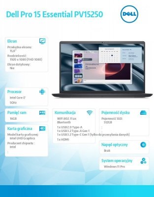 Dell Laptop Dell Pro 15 Essential PV15250 W11P i7-1355U|16GB|512GB|Intel UHD|FgrPr|WLAN+BT|15.6 FHD|BcklKb|4C|65W|3YPS Carbon Black (Plastic)