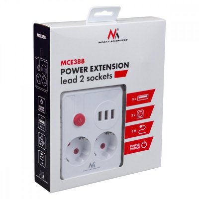 Maclean Listwa zasilająca, MCE388 W 2 gniazda, 3xUSB, 110-240V AC 50/60Hz, 2.1A max 2500W, 3m biała