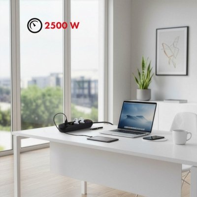 Maclean Listwa zasilająca MCE394 B, 1,5m|3 gniazda + 3xUSB. 110-240V AC 50/60Hz, 2.1A max 2500W, czarna
