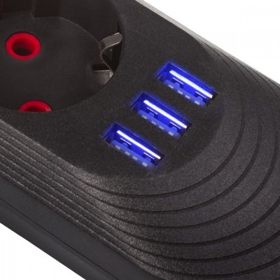 Maclean Listwa zasilająca MCE394 B, 1,5m|3 gniazda + 3xUSB. 110-240V AC 50/60Hz, 2.1A max 2500W, czarna