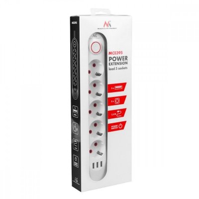 Maclean Listwa zasilająca 5 gniazd MCE395 W 3xUSB, 110-240v AC 50/60Hz, 2,1A max 2500W, biała