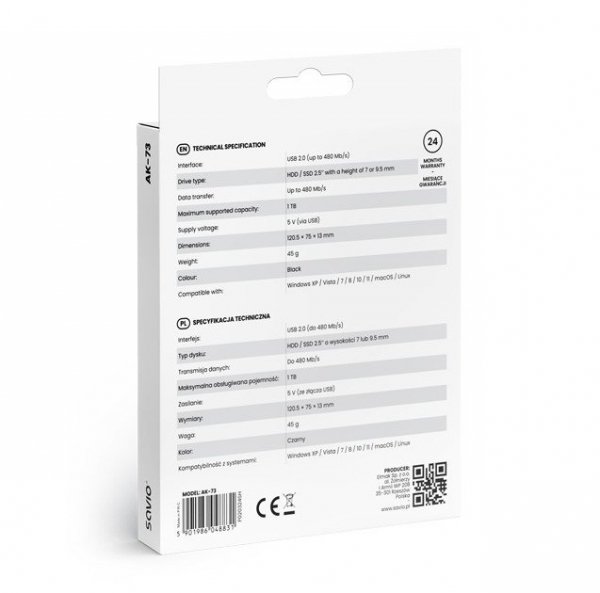 Savio Obudowa na dysk zewnętrzny HDD / SSD 2.5 cali USB 2.0 AK-73