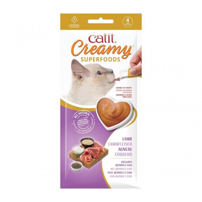 Catit Creamy Superfood mokry przysmak dla kota jagnięcina z komosą ryżową i chia 4x10g