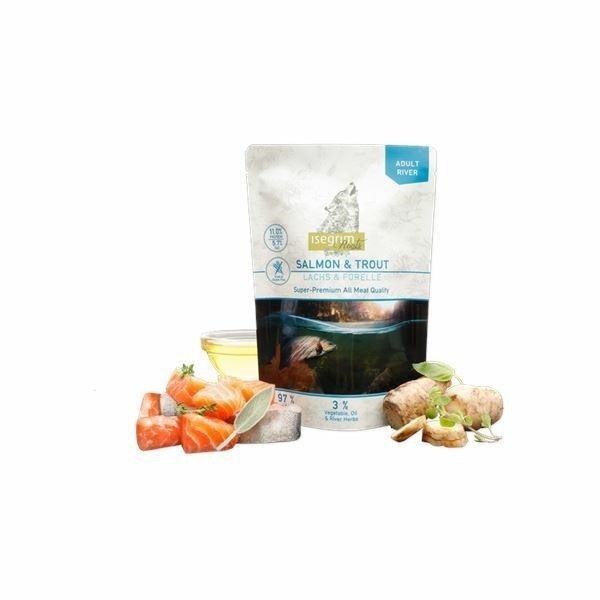 Isegrim Adult Salmon &amp; Trout 410g saszetka mokra karma dla psów Łosoś i Pstrąg z Topinamburem, Olejem z krokosza barwierskiego i ziołami rzecznymi