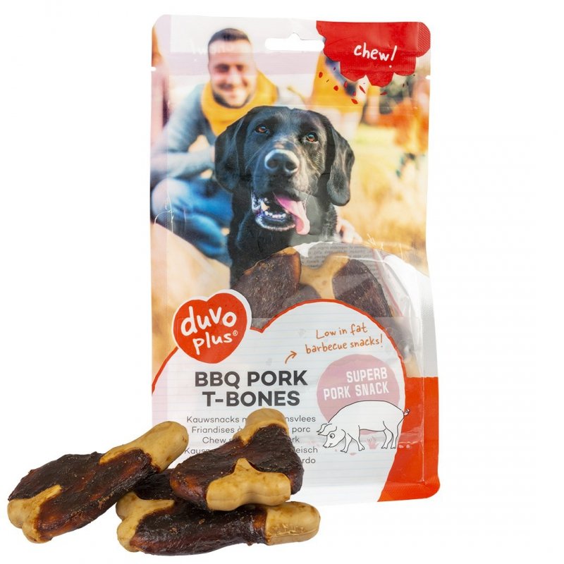 DUVO+ BBQ pork T-bones 300g/6szt. 9,5cm Przysmak dla psa Kostki z mięsem wieprzowym