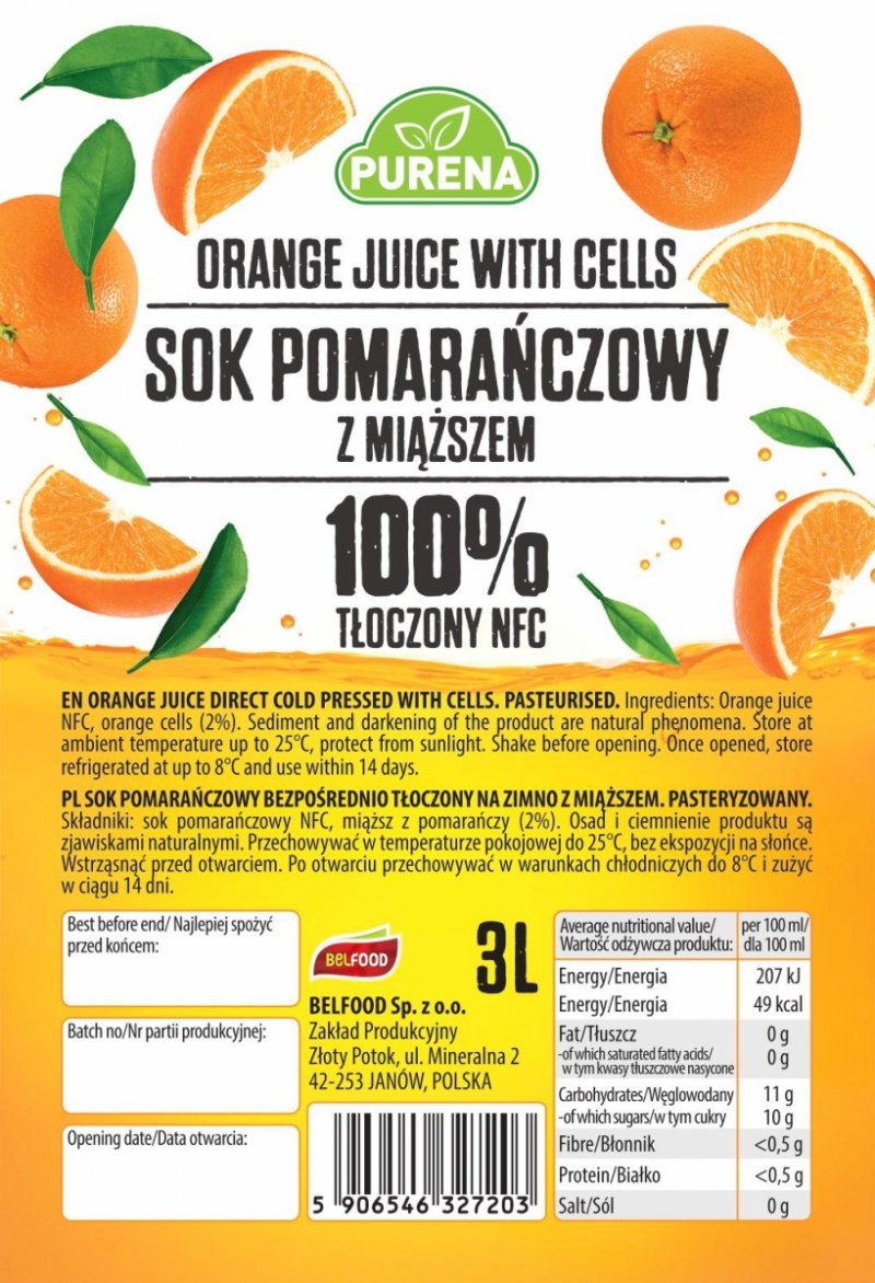 Sok pomarańczowy 100% z miąższem tłoczony NFC 3l