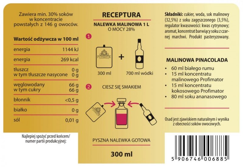 Bezalkoholowy koncentrat do przygotowywania napojów alkoholowych MALINA 300ml