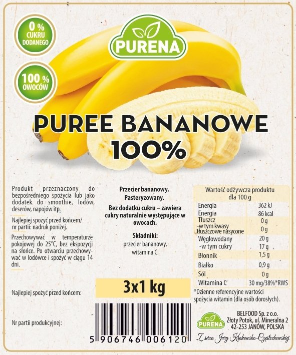 Pulpa puree przecier 100% bez cukru z banana 1kg