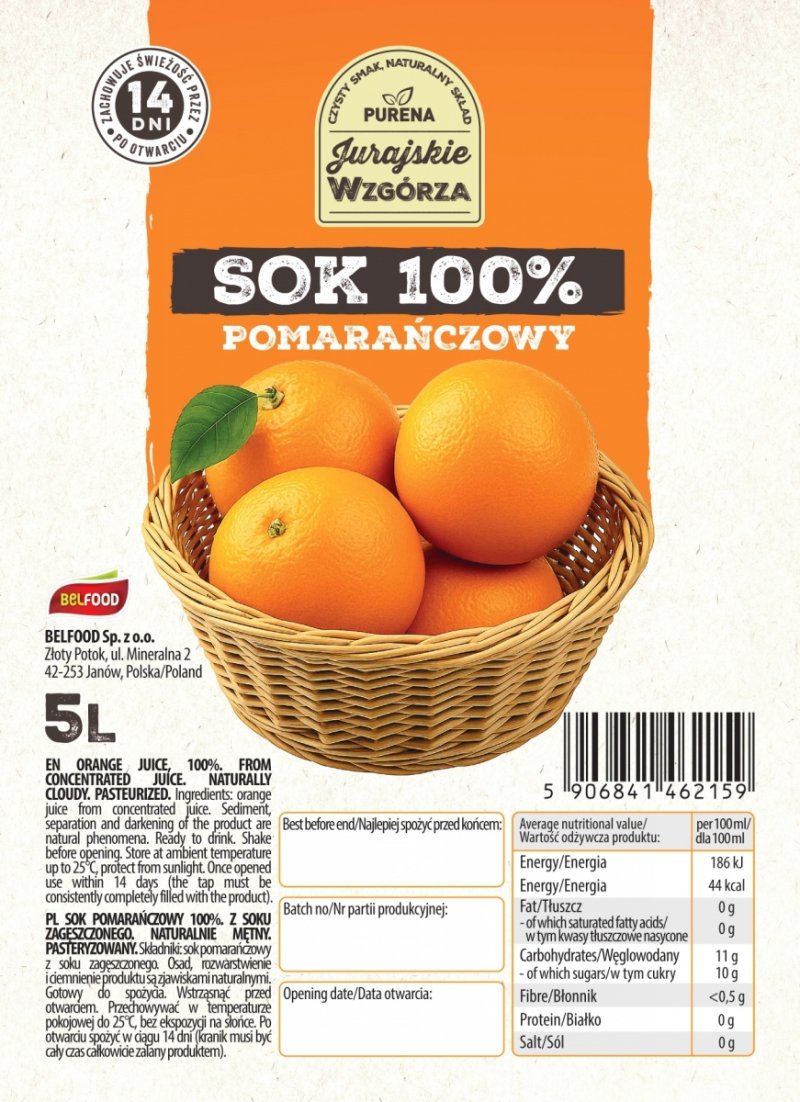 Sok pomarańczowy 100% z soku zagęszczonego bez dodatku cukru 5 L