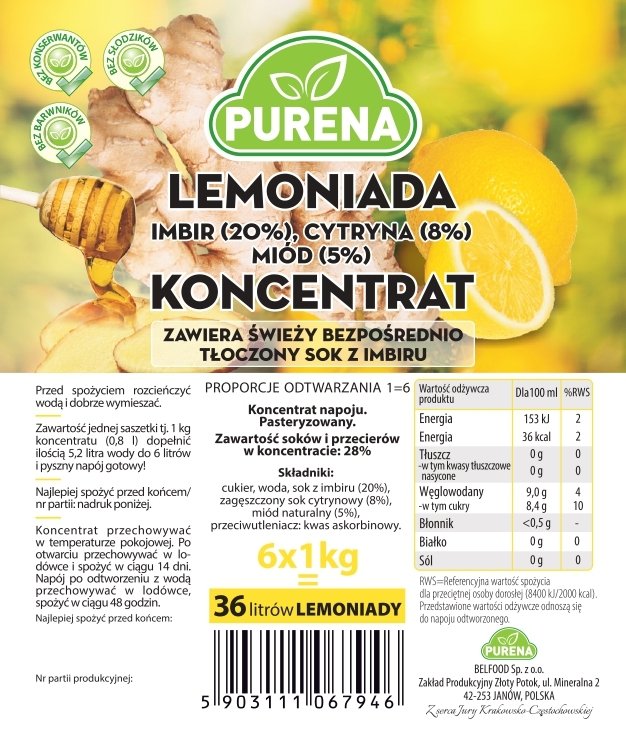 Lemoniada imbir-cytryna-miód koncentrat 1kg na 6l